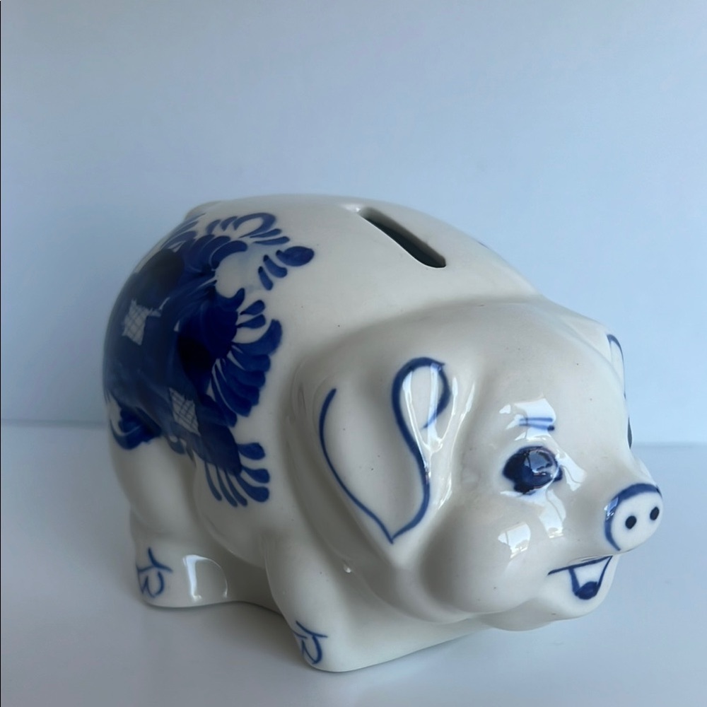 Vintage Handmade Delft Pottery Piggy Bank